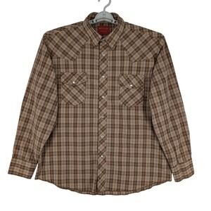 Vintage Rustler Mens XL‎ Long Tails Brown Plaid Western Pearl Snap Shirt